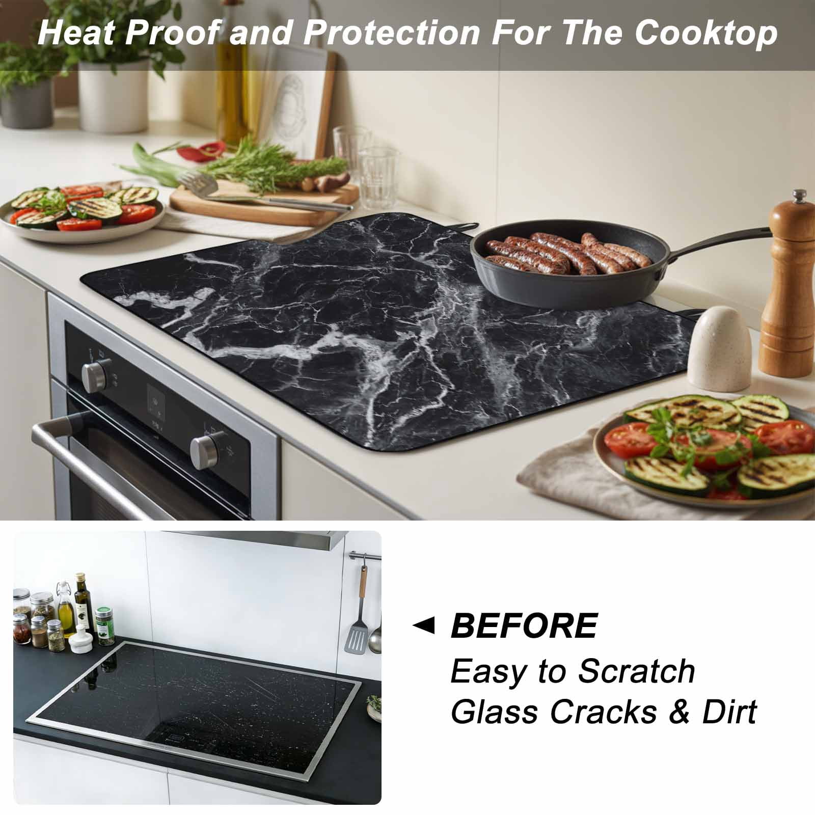 Black Marble Stove Top Cover for Electric Stove, Heat-proof & Non Slip Glass Top Stove Cover Protector, Vintage Minimalism White Abstract Texture Kitchen Flat Cooktop Rubber Mat 24x21 Inches