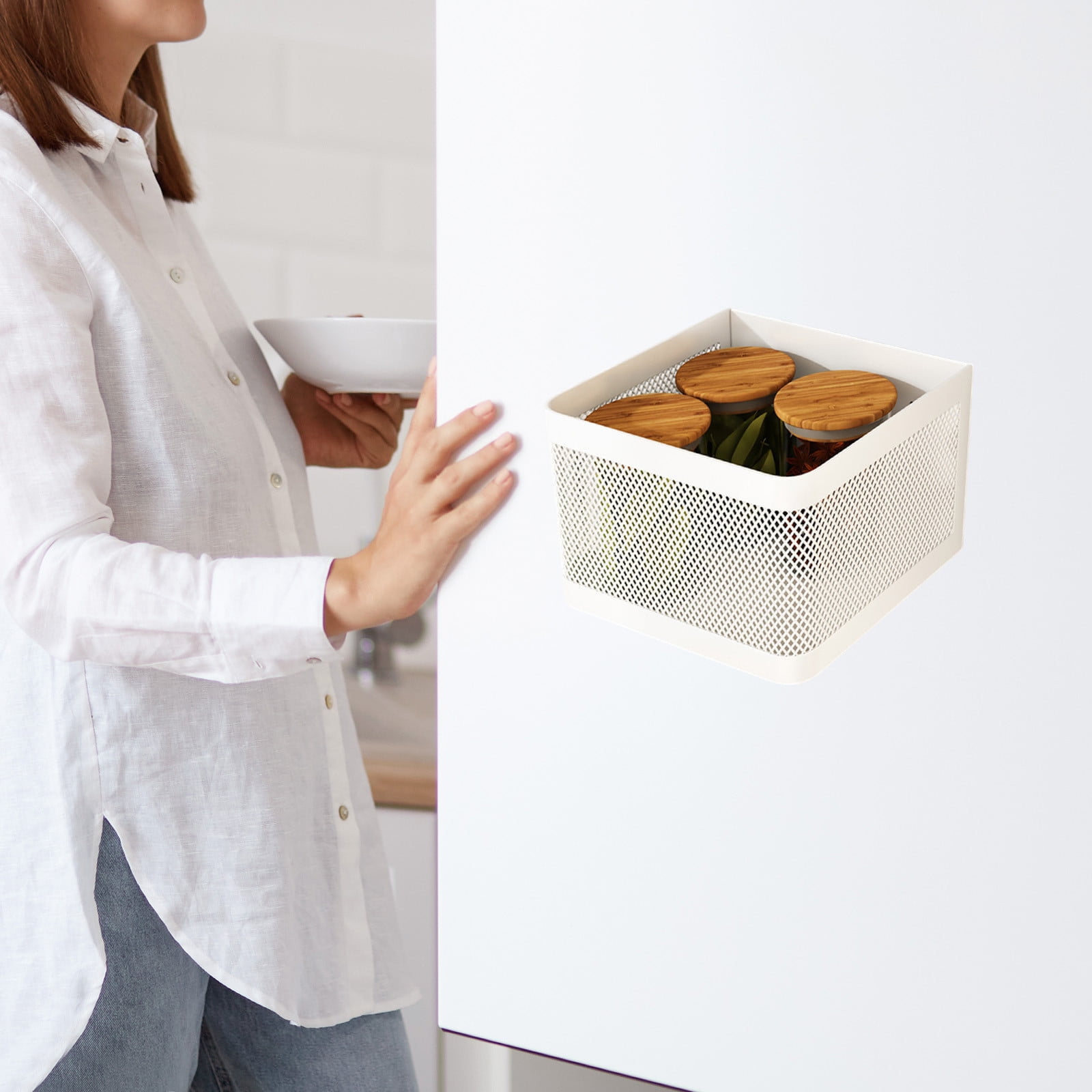 Magnetic Refrigerator Side Shelf - 6.3x4.92in No-Drill Kitchen Storage Organizer, Iron Hanging Basket for Fridge Door (White)​