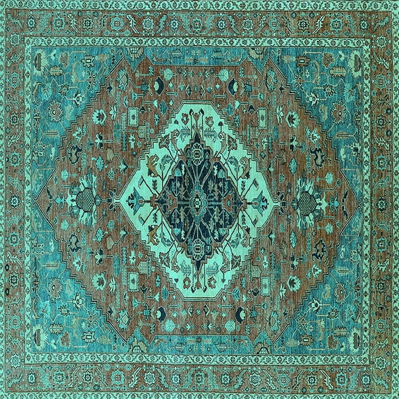 Ahgly Company Machine Washable Indoor Square Persian Turquoise Blue Traditional Area Rugs, 3' Square