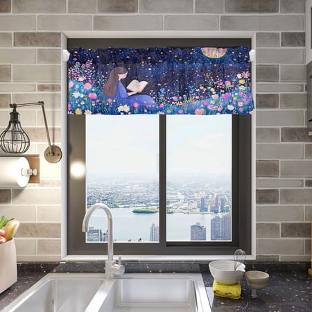 Girl Read Book in Moonlight Valance Curtains Rod Pocket for Kitchen Living Room Windows Farmhouse Decor 54x18