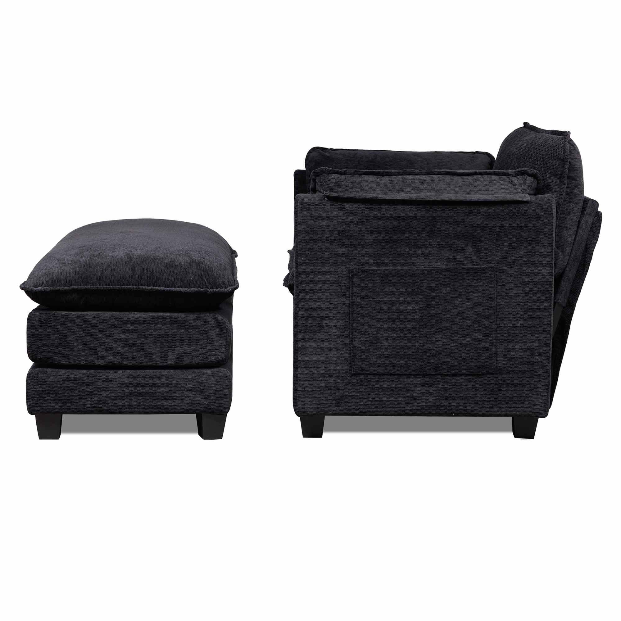 Lunale Oversized Modern Accent Chair with Ottoman, Lounge Reading Armchair, Single Sofa Chair for Living Room, Black Boucle