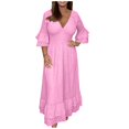 thumbnail image 4 of JUNWELL Robes en Coton et Lin pour Femmes Été Grande Taille Col en V à Volants Manches 3/4 Robe Bohème Broderie Anglaise Coupe Ajustée Ourlet à Volants Robe Maxi de Plage, 4 of 7