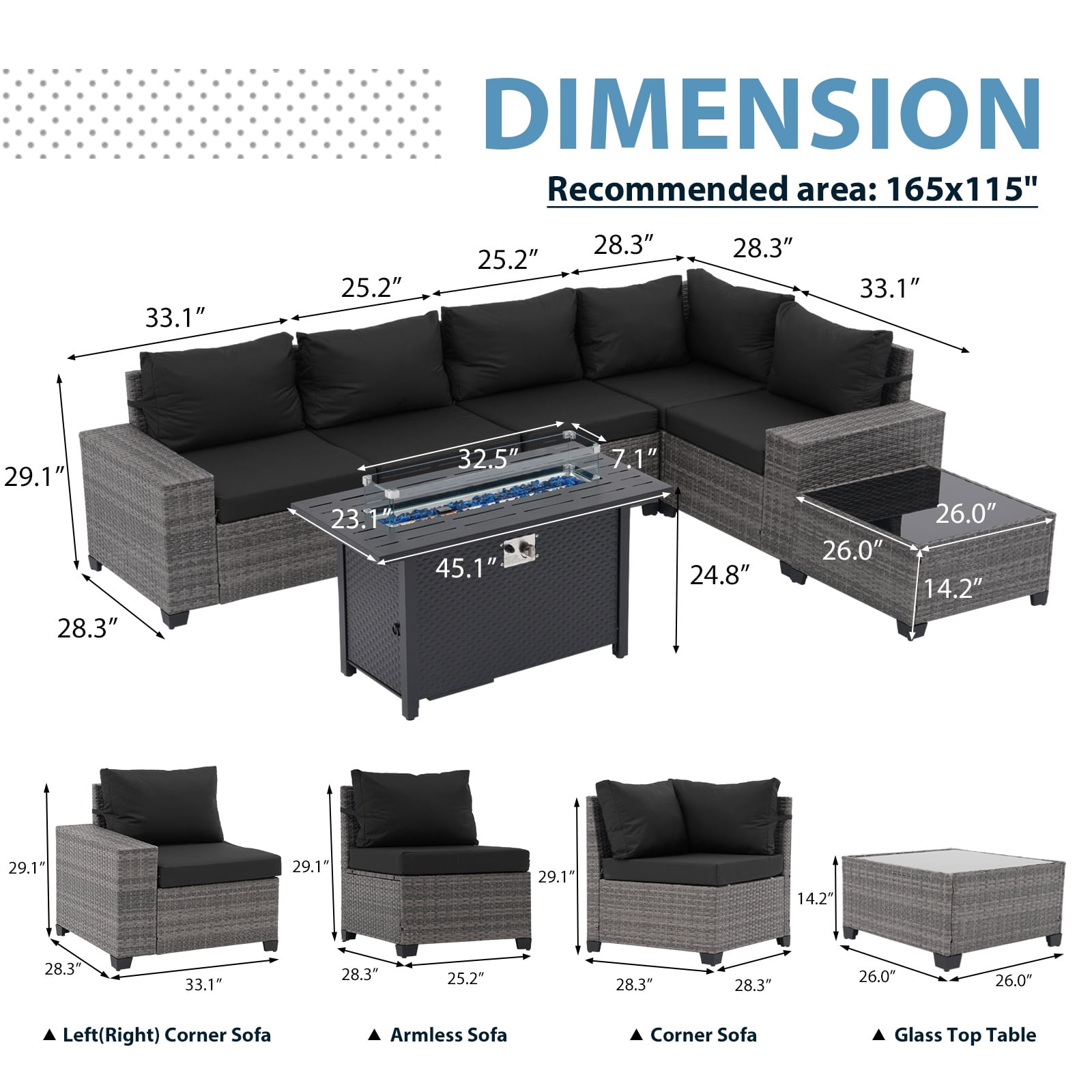 JOIVI 7 Pieces Wicker Patio Furniture Set 5-Seat Outdoor Conversation Set with 45-Inch Fire Pit Table, 8'' Wide Armrest Modular Rattan Outdoor Sectional Sofa Set, Black