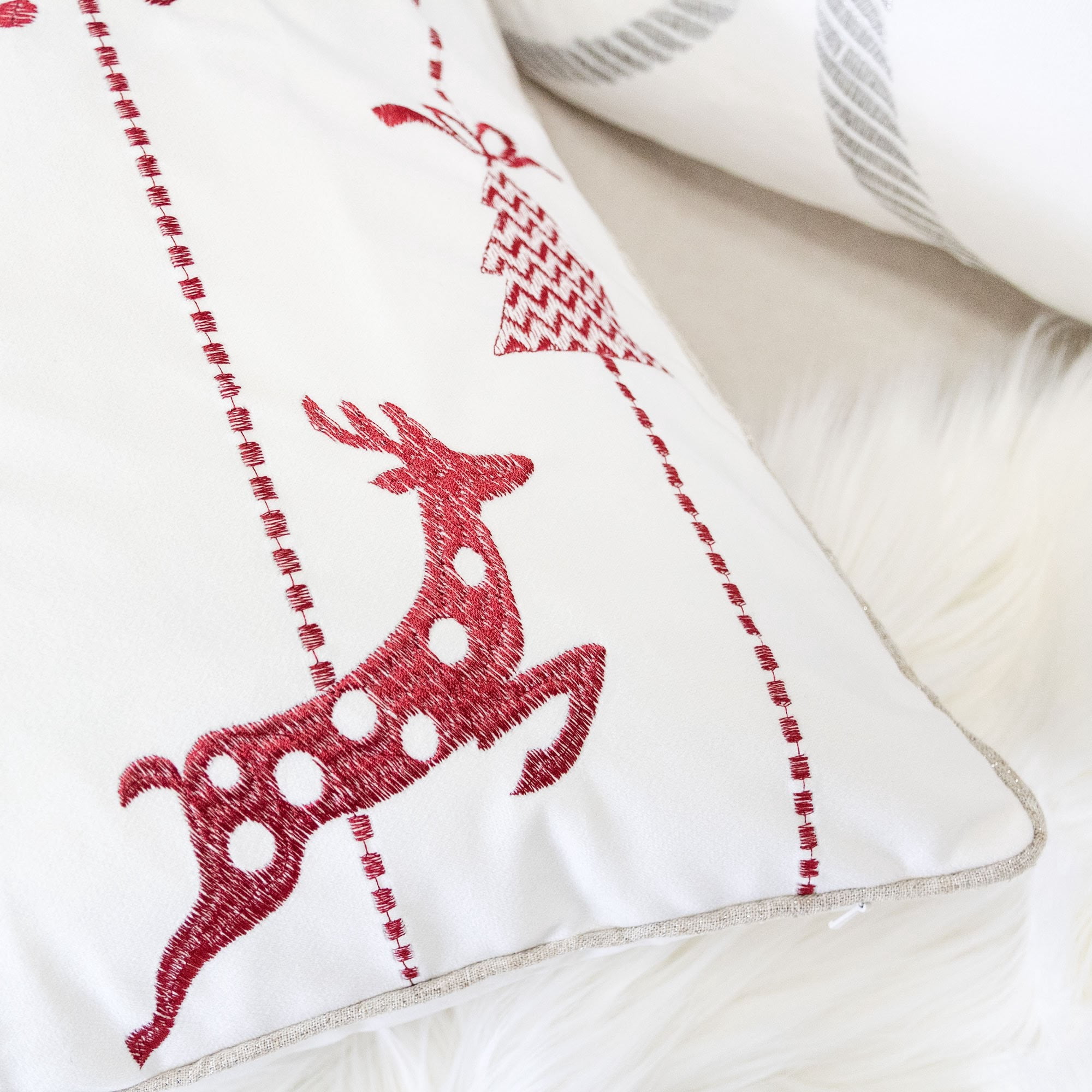 Red Christmas Embroidered Throw Pillow with Reindeer Ornaments Trees Snowflakes 20x20 Inch Holiday Decor