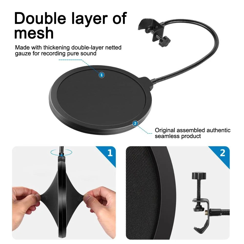 Black Pop Filter with Double-Layer Mesh, 360° Adjustable Gooseneck Arm for Streaming, Recording, Karaoke & Broadcasting