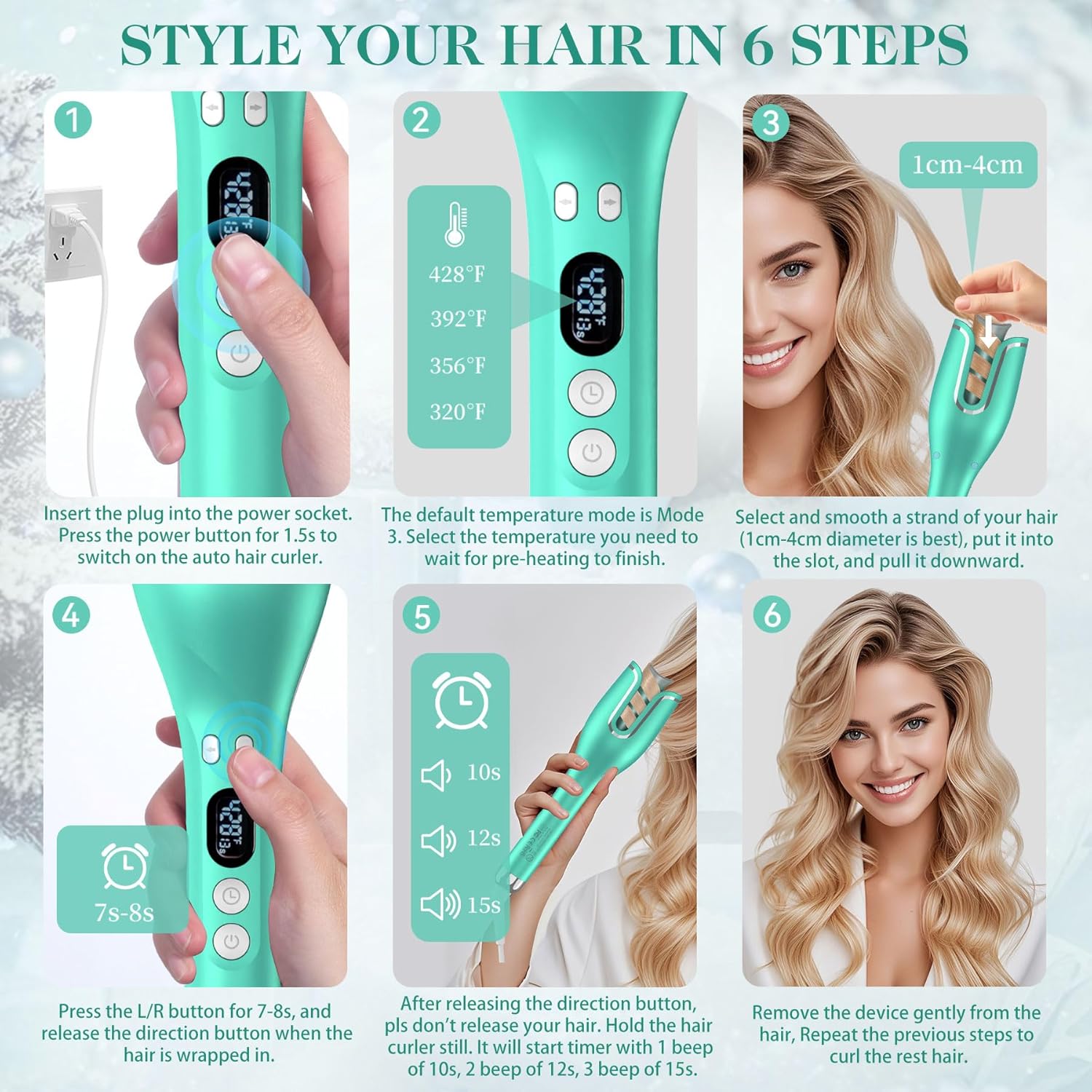 Automatic Hair Curler with Anti-Scald & Anti-Tangle Technology, 1" Rotating Ceramic Barrel with 4 Heat Settings, One-Touch Smart Curling Iron for Beginners