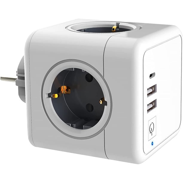 Regleta de enchufes USB múltiples Dinheiro, regleta de enchufes de pared con forma de cubo, 4 enchufes con 2 puertos USB, bloque de enchufes con interruptor, regleta de enchufes de pared con USB para