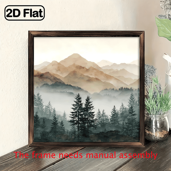 2D Flat, 1pc Pine Mountains in Mist Framed Wood Wall Art - Rustic Farmhouse Decor, 8x8 Inch Vintage Nature Scene with Pine Trees Misty Mountains, Living Room, Bedroom, Entryway, Housewarming Gift