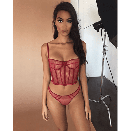 

Women 2PCS Sexy Lingerie Set Solid Color Mesh Sling Bra Low Cut Mini Panty