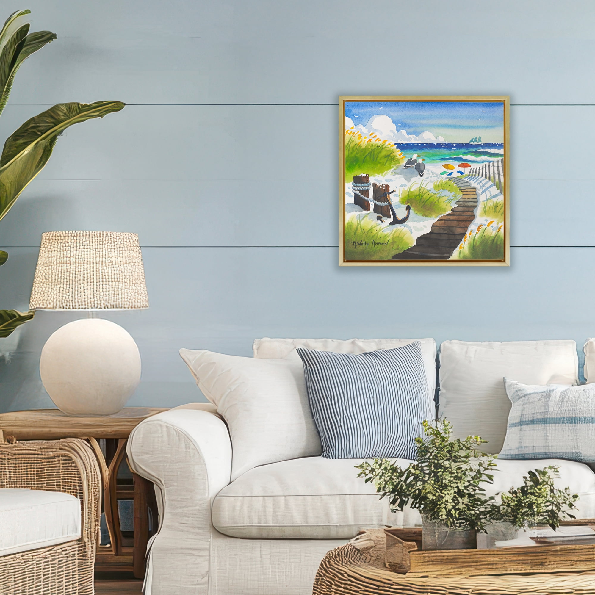 Stupell Industries Seagull & Anchor on Shore Gold Framed Floater Canvas Wall Art, design by Robin Altman