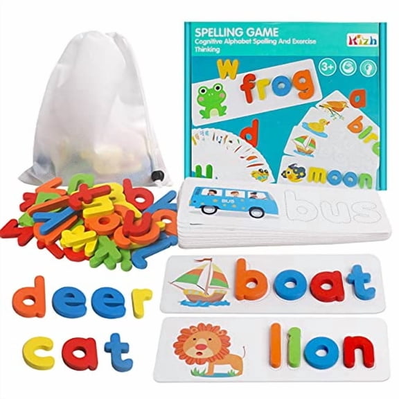 Reading & Spelling Learning Toy,Wooden Educational Developmental Toy Sight Words Spelling Skills with 28 Double Sided Flash Cards and 52 Letters Great Gift for 3 4 5 Years Girl Boy