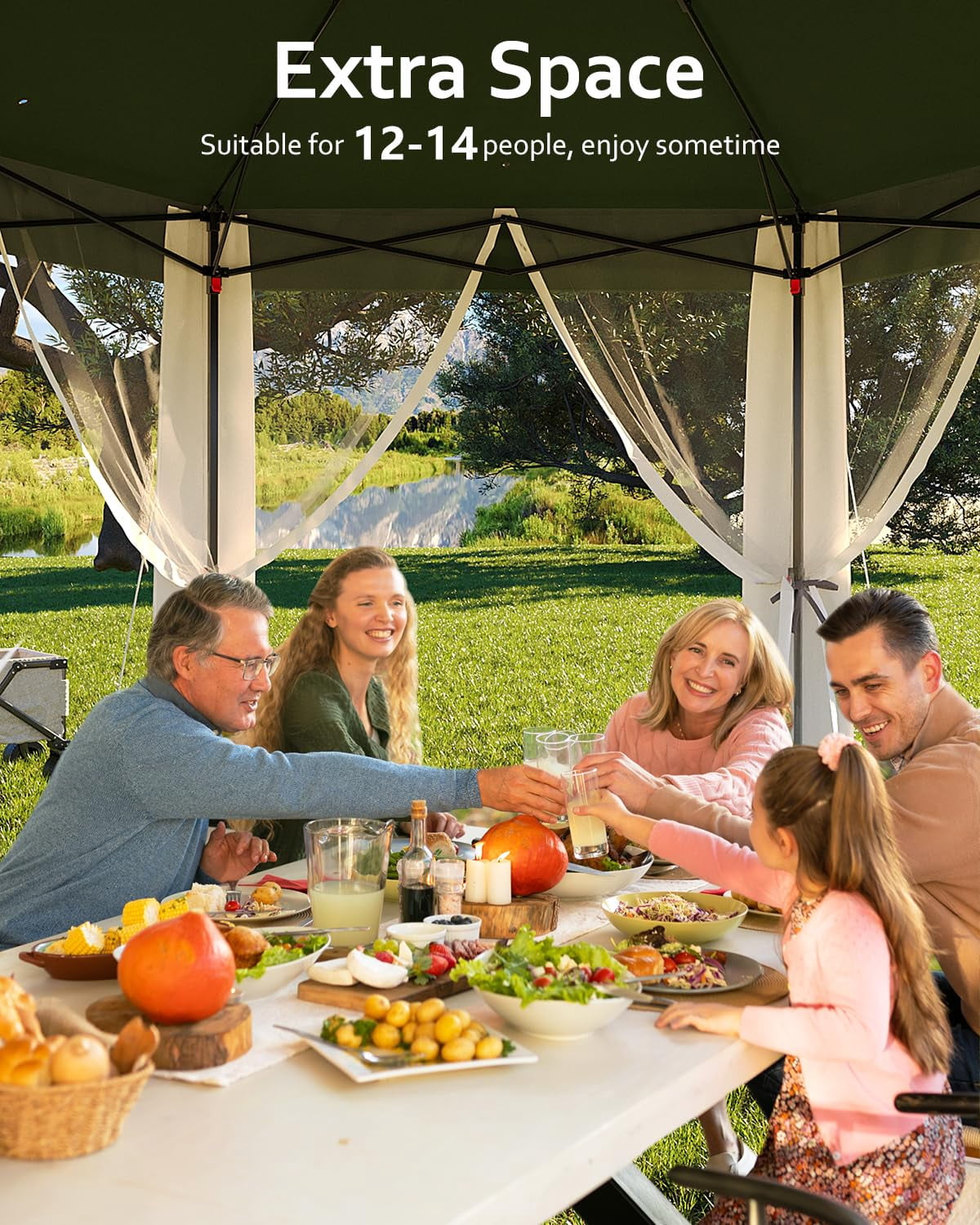 Luku 13'x13' Pop-Up Gazebo, Outdoor Hexagonal Patio Gazebo with Mosquito Netting, Instant Setup Canopy Tent with Strong Steel Frame and Sandbags, for Backyard, Gardens, Patio