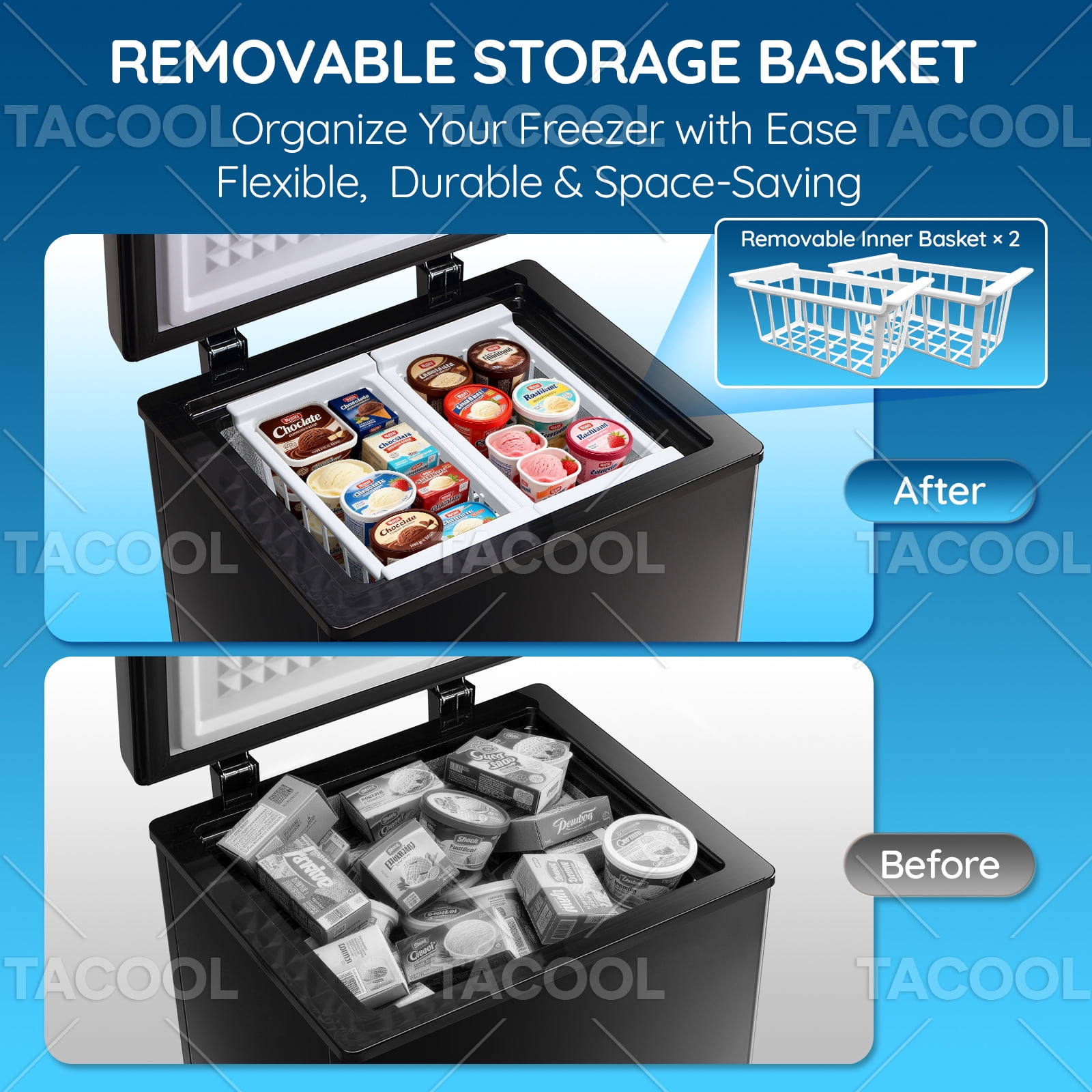 2.44 CU FT Mini Chest Freezer with 2 Removable Baskets Small Deep Freezer with 7 Adjustable Temperature For Office, Black