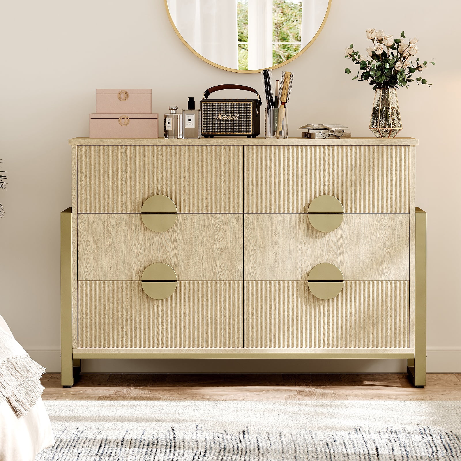 Holliwill 6 Drawer Dresser for Bedroom, Fluted Dresser Chest of Drawers for Living Room, Hallway, Oak