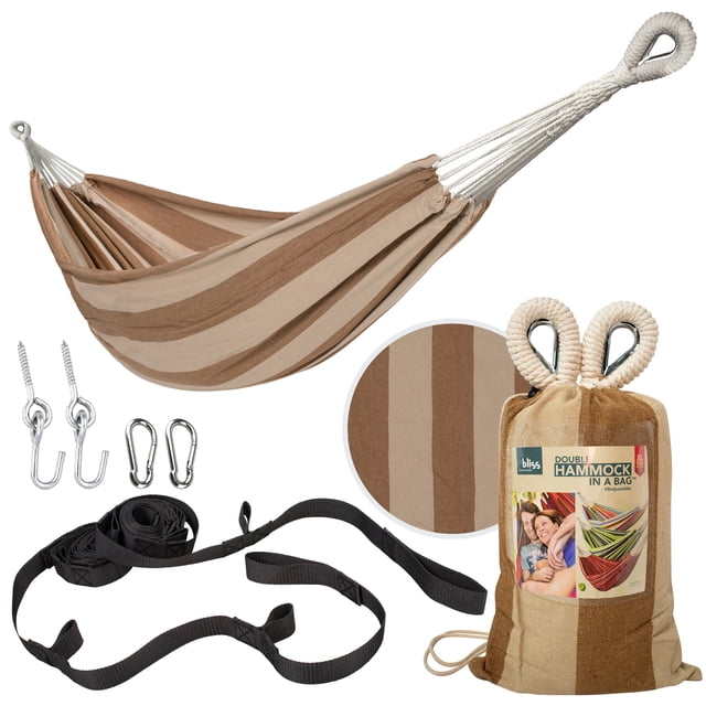 Bliss Hammocks 60"W Double Hammock with Rope Loops & Tree Straps, 265 lb, Cappuccino Stripe