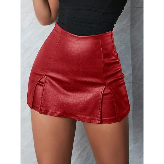 Women's Rave Punk Pink High Waist Stretchy Split Hem PU Leather Clubwear Skinny Mini Skort