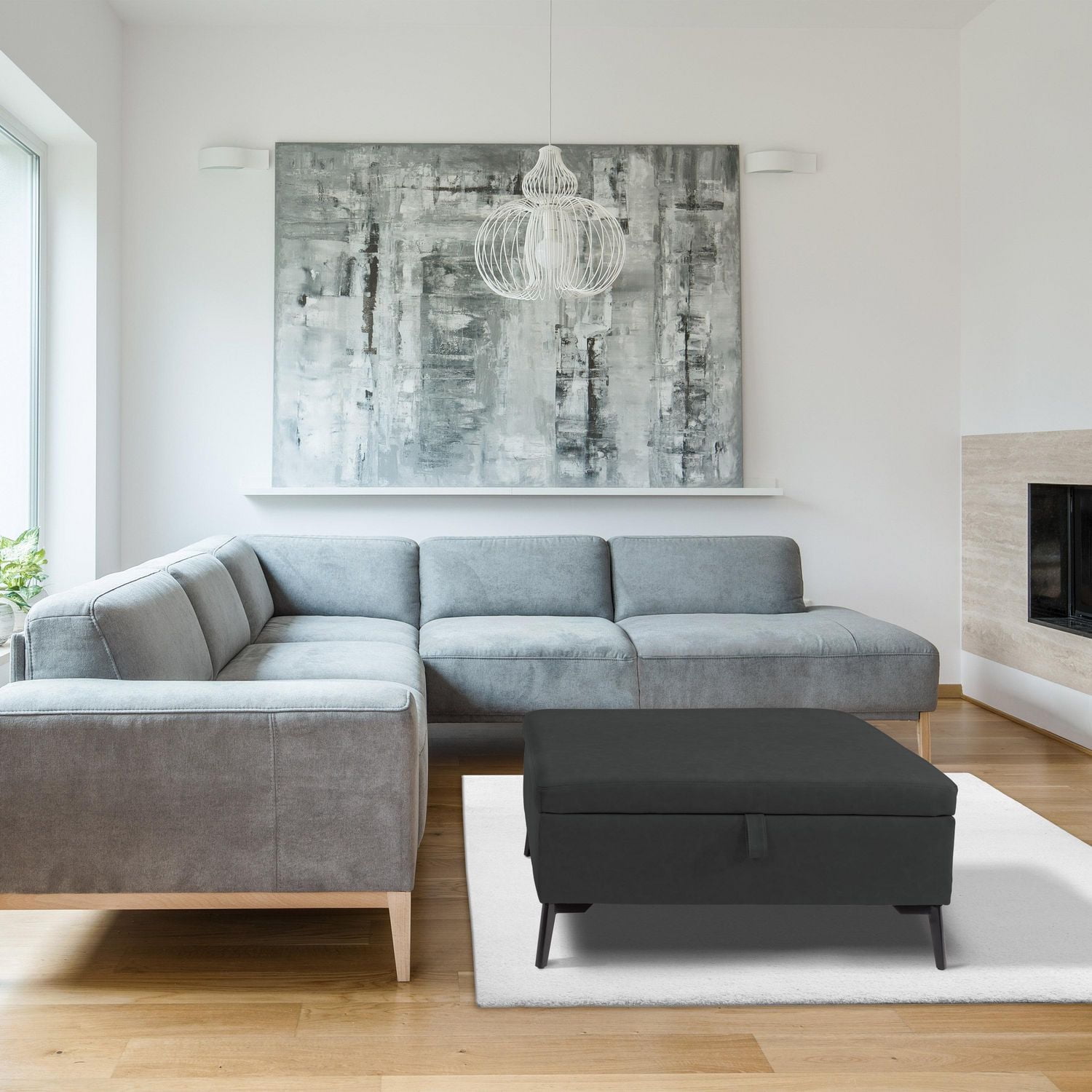 Pouf de rangement carré rembourré noir CorLiving Linden avec pieds en métal