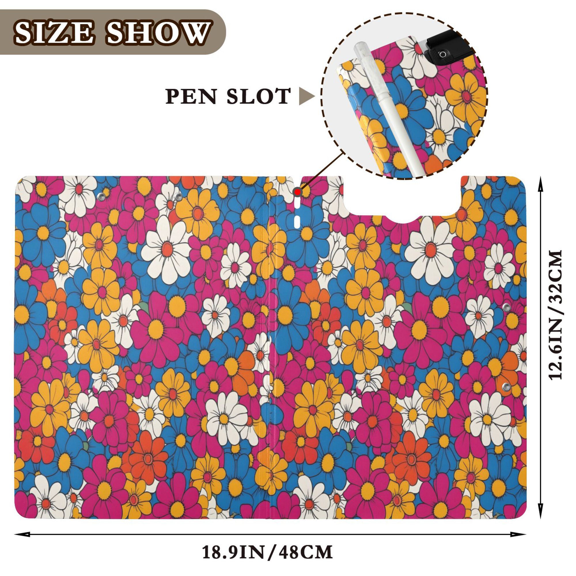 FORMRS A4 Clipboard Folder with Pen Holder Horizontal Foldable School Office Binder, Red Whimsical Floral