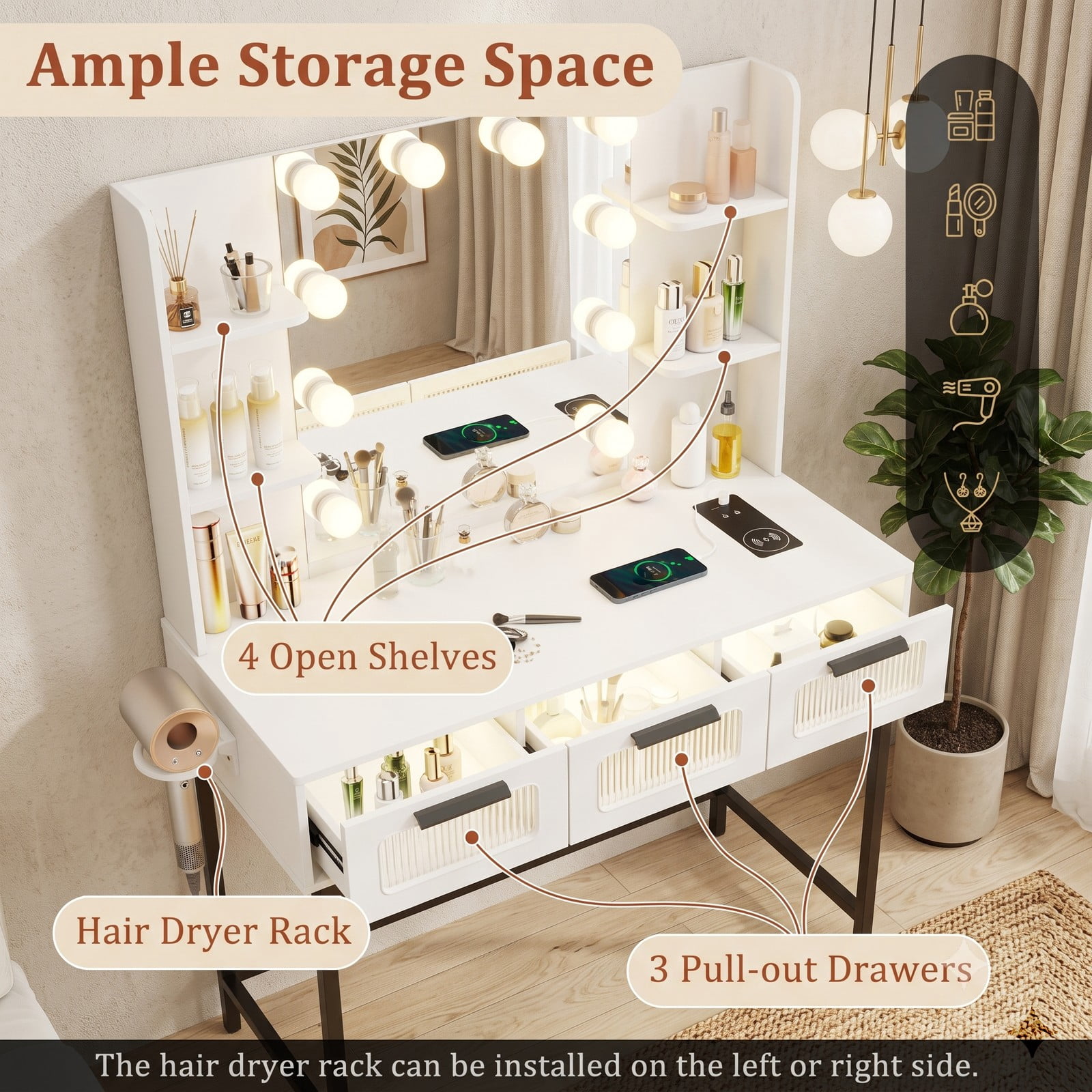 Furnibear Makeup Vanity Desk with Hollywood Mirror and 10 Lights Padded Stool Built-In Charging Station for Bedroom, White