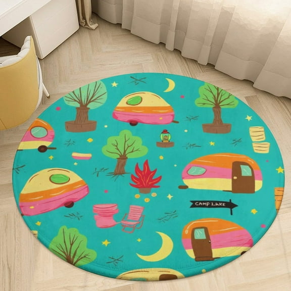 Camping Scene with RVs And Trees Round Area Rugs for Bedroom Living Room, 4FT Soft Comfy Indoor Circle Carpets, Carpet Home Decor Floor Mat