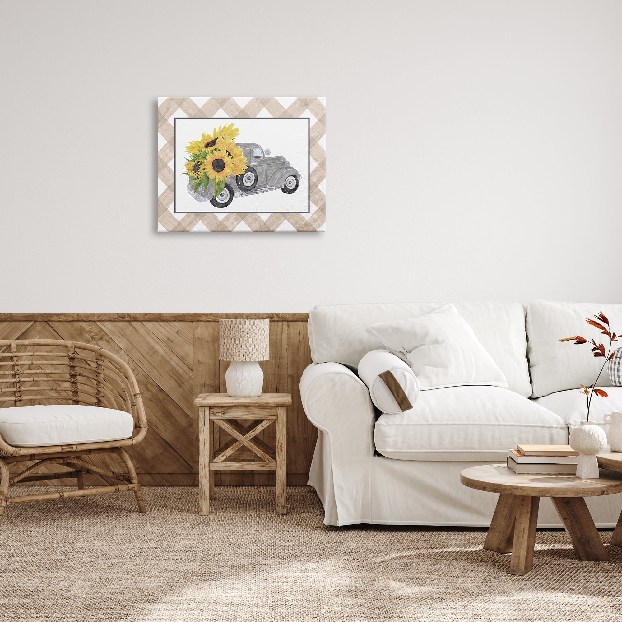 Stupell Industries Country Vintage Truck Carrying Sunflowers Plaid Border Graphic Art Gallery Wrapped Canvas Print Wall Art, Design by Lettered and Lined