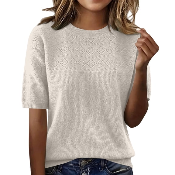 TODOZO Women's 2026 Short Sleeve Pullover Fashion Crew Neck Knitted Shirt Elegant Lightweight Short Sleeve Jumper Spring Summer Beige L
