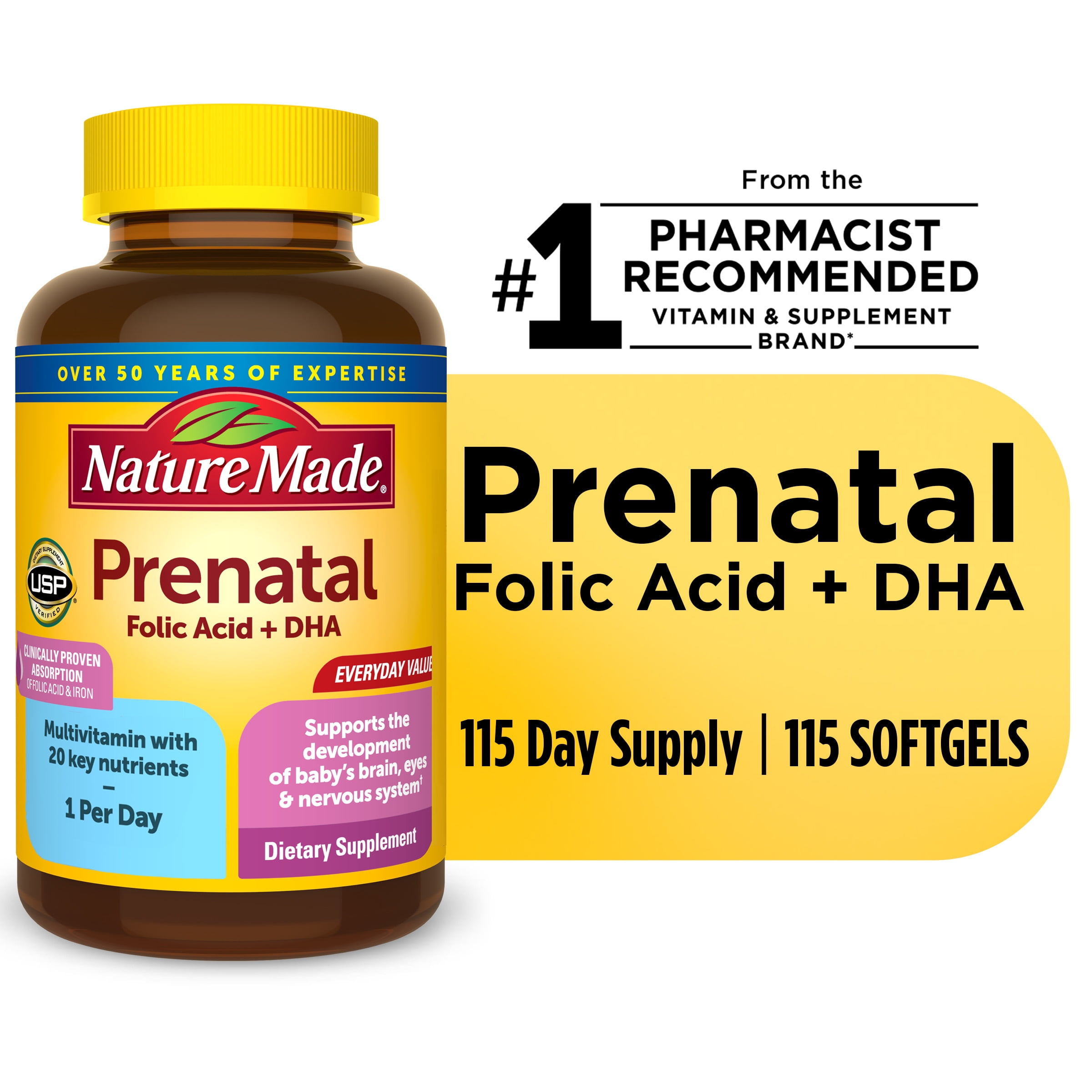 Nature Made Prenatal with Folic Acid + DHA Softgels, Prenatal Vitamin and Mineral Supplement, 115 Count
