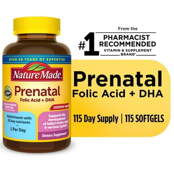 Nature Made Prenatal with Folic  + DHA Softgels, Prenatal  and Mineral Supplement, 115 Count