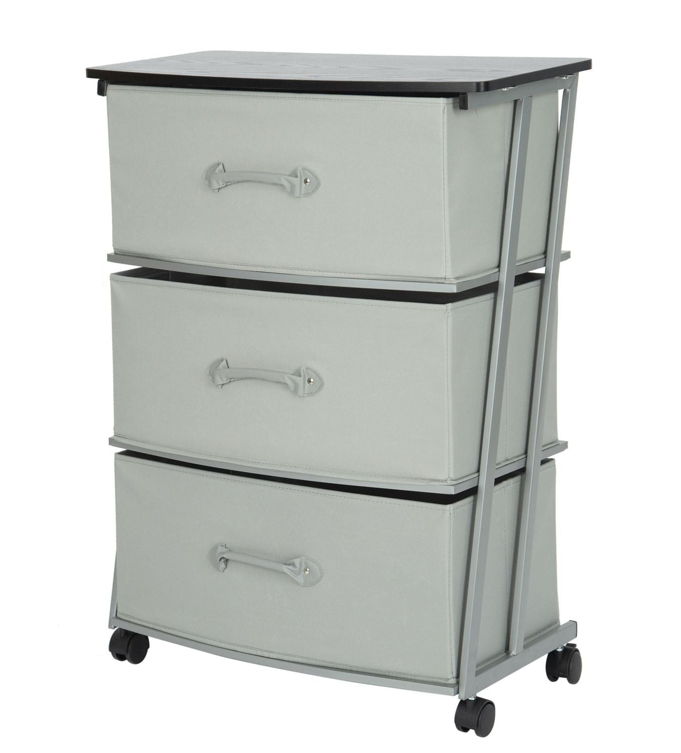 Mainstays 3 Drawer Wide Fabric Cart with Wheels for Adult,  Metal Frame for Bedroom, Closet, Entryway Etc., Size:23.3 in. W x 12 in. D x 29.8 in. H; Grey drawer with black wood top