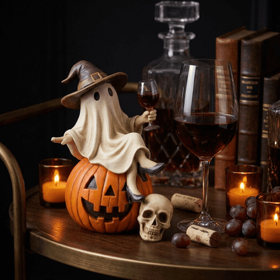 Premium Resin Ghost and Pumpkin Figurine Whimsical Halloween Statue Holding Wine Glass Tabletop Spooky Decor for Mantel and Home Bar
