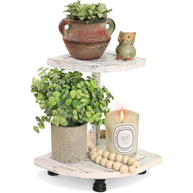Estante de madera decorativo para exhibición, estante de esquina de estilo rústico de 2 niveles para decoración de encimeras de cocina y baño, estante de estilo rústico para dispensador de jabón,