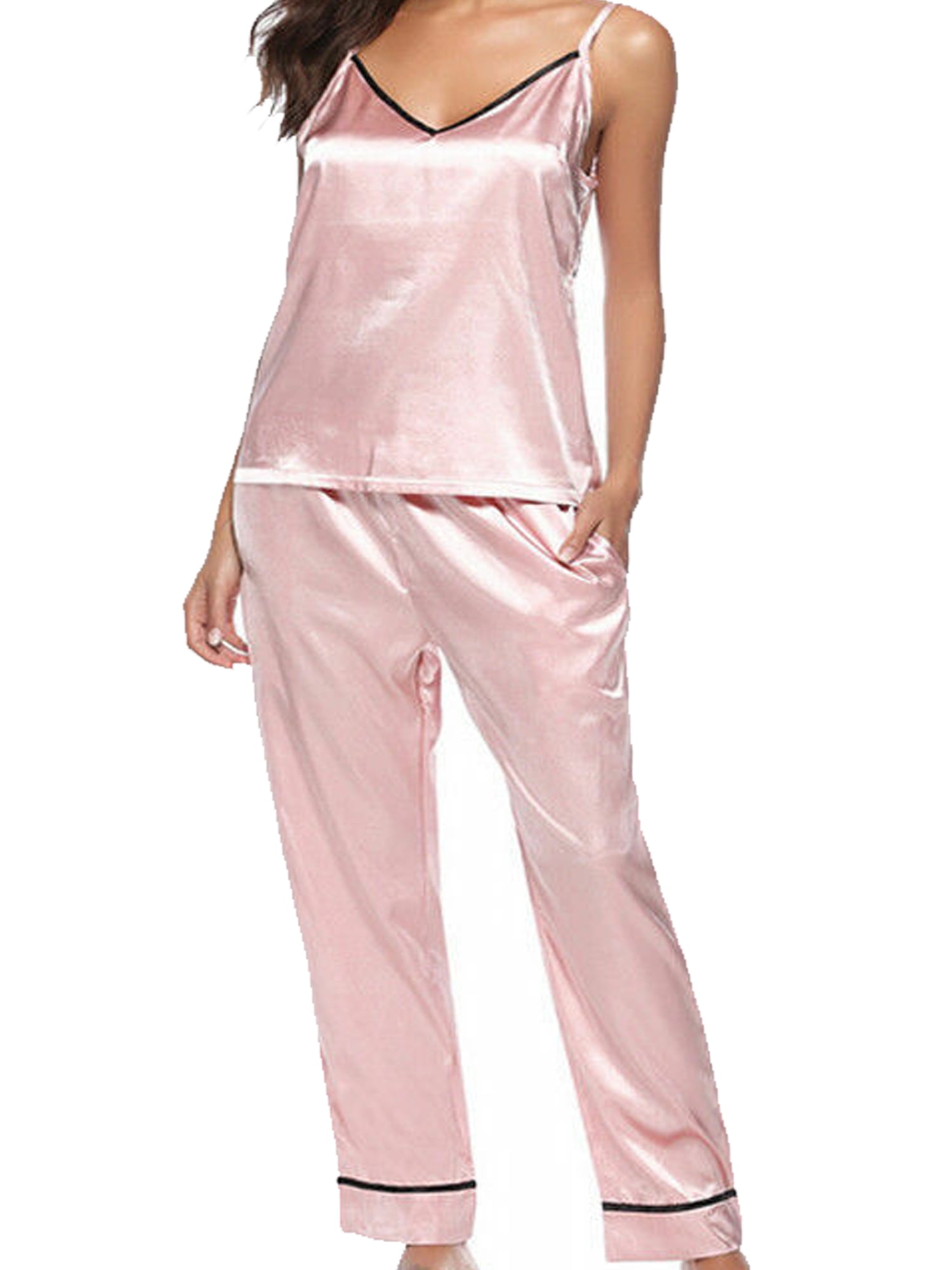 Women Ladies Silk Soft Satin Pajamas Set Sleeveless Top Pant Sleepwear Nightwear