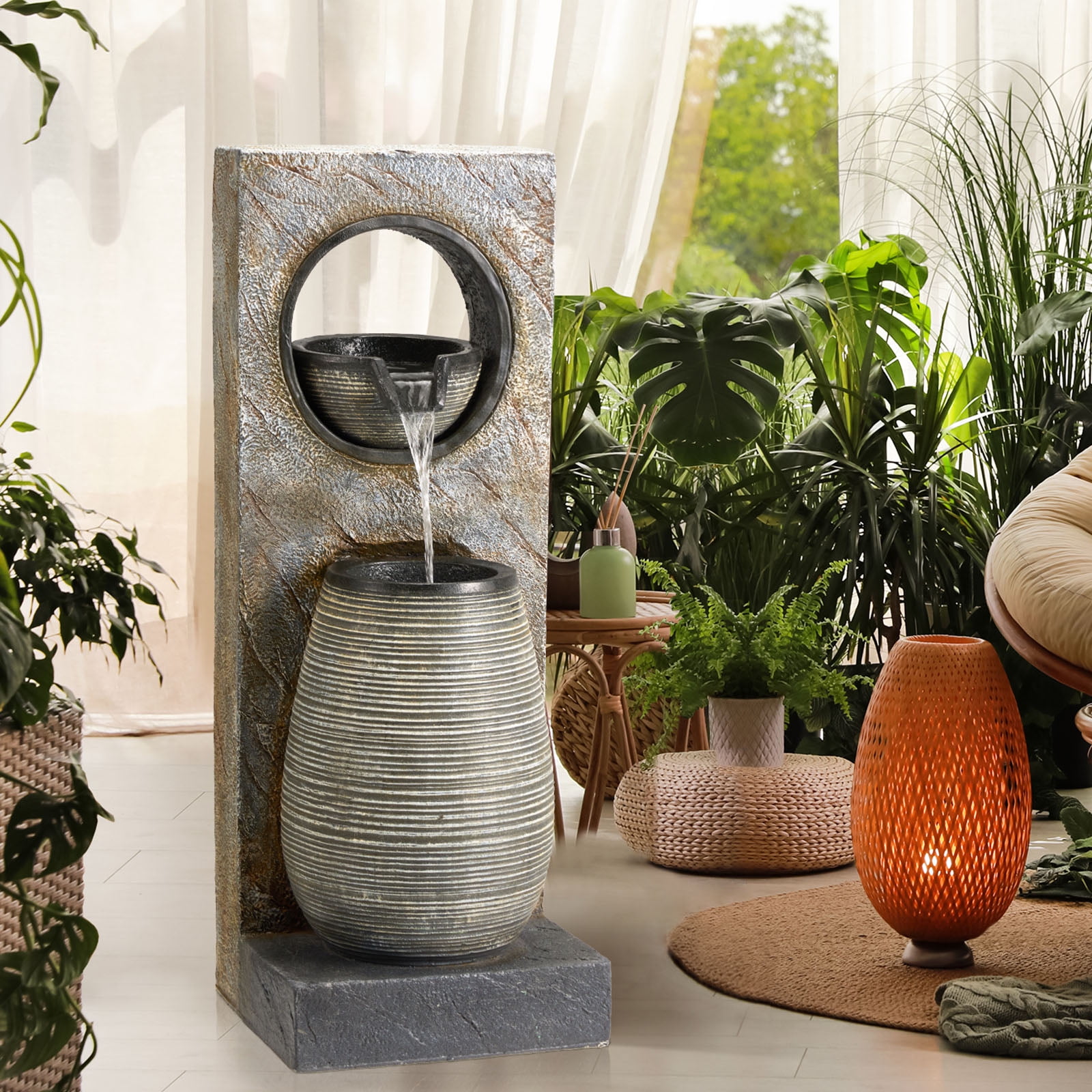 Erinnyees 39.7" Modern Outdoor Fountain with LED Lights - Freestanding Garden & Yard Decor