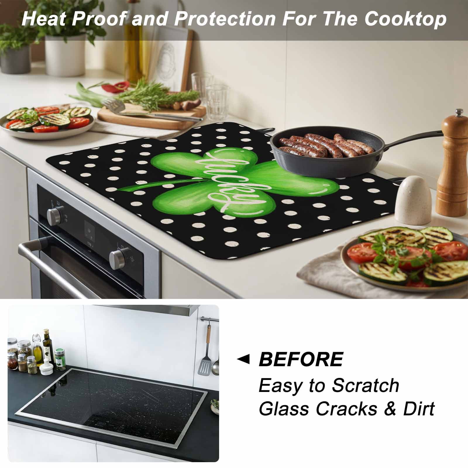 St. Patrick's Day Stove Top Cover for Electric Stove, Heat-proof & Non Slip Glass Top Stove Cover Protector, Green Lucky Black White Polka Dots Kitchen Flat Cooktop Rubber Mat 24x21 Inches