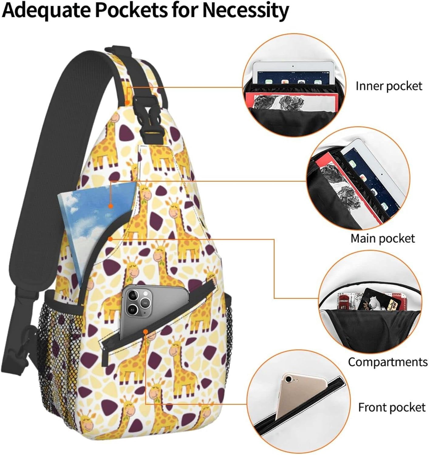 Cute Giraffe Pattern Sling Bag Crossbody Hiking Travel Chest Bags Backpack Shoulder Daypack for Women Men