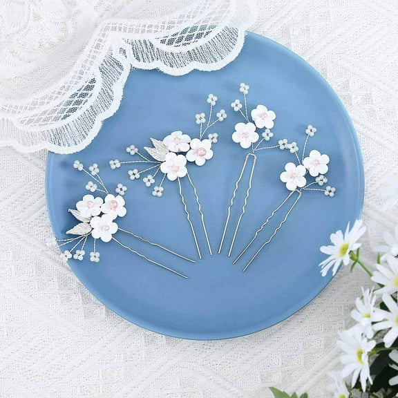 Flower Bride Wedding Hair Pins Silver Bridal Hair Pieces Pearl Hair Accessories Leaf Prom Hair Clips for Women and Girls (Pack of 4)