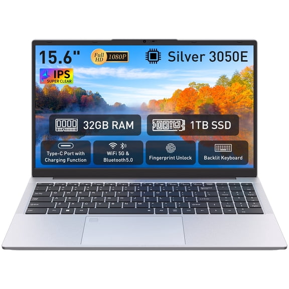 Auusda Laptop, Windows 11 Pro 15.6" Intel 3050E CPU Home Computer, 32GB RAM 1TB SSD, Silver