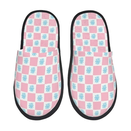 Balery Checkerboard With Snowflake Slient Indoor Furry Fleece Comfort House Shoes Soft Non-Slip Home Shoes Cotton slippers House Slippers-- Large