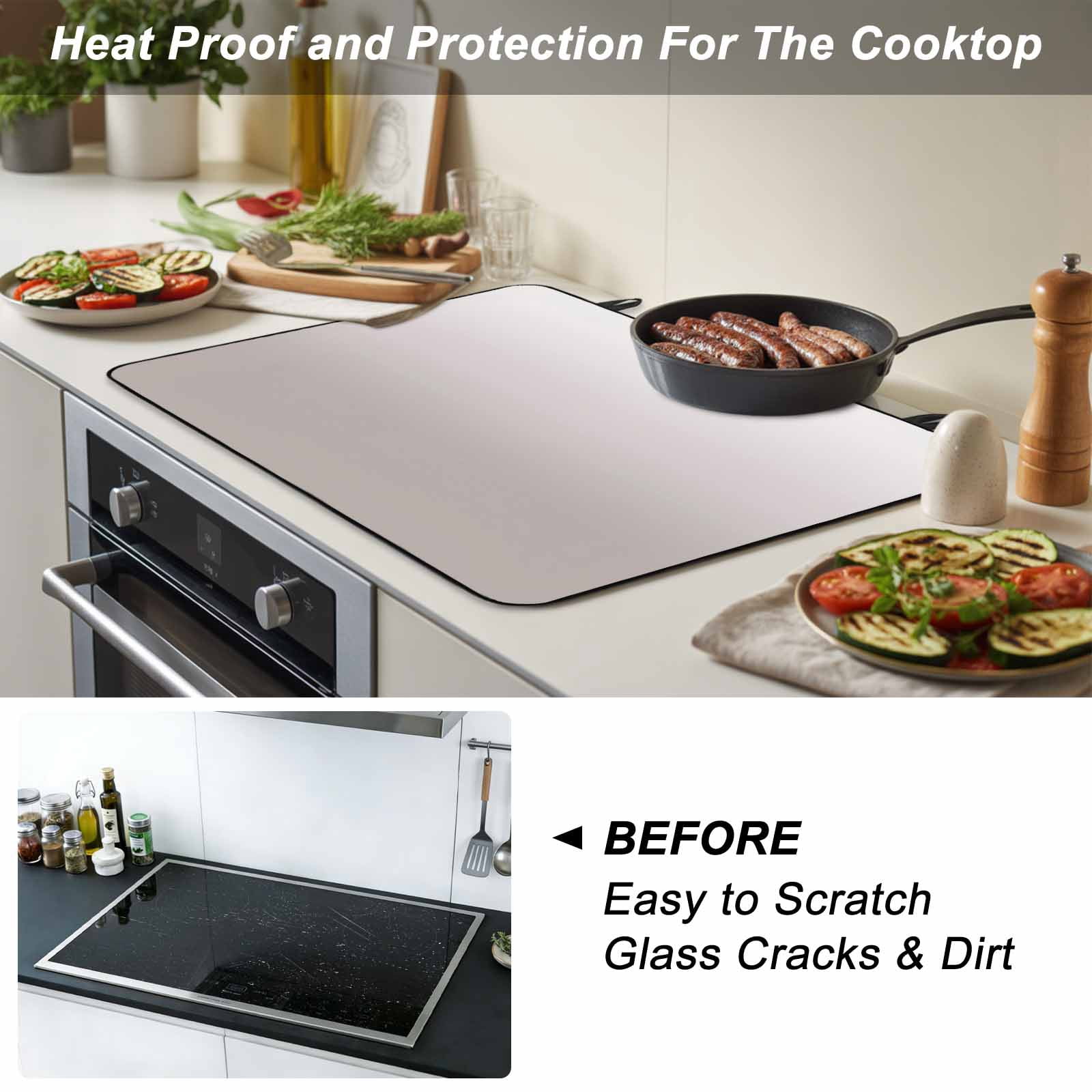 Beige Ombre Stove Top Cover for Electric Stove, Heat-proof & Non Slip Glass Top Stove Cover Protector, White Gradient Modern Abstract Art Kitchen Flat Cooktop Rubber Mat 28.5x20.5 Inches