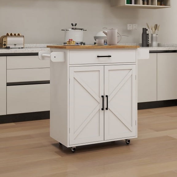 38 Inch Kitchen Island Rolling Trolley Cart with Adjustable Shelves, Towel Rack and Seasoning Rack, Rubber Wood Table Top for Kitchen, White