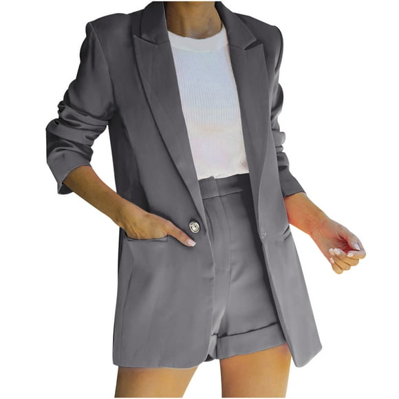 2 Piece Outfits for Women Open Front Long Sleeve Blazer Jacket and Solid Shorts Casual Elegant Work Office Suit Sets