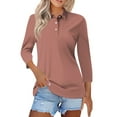 thumbnail image 2 of Nestiefly Womens Tops 3/4 Sleeve Polo Shirts Solid Business V Neck Collared Buttons Basic Tees Loose Casual Blouses Watermelon Red XL, 2 of 5