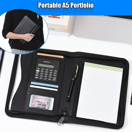 Portable Professional Business Portfolio Padfolio Folder Document Case Organizer A5 PU Leather Zippered Closure with Calculator Card Holder Memo Note Writing Pad