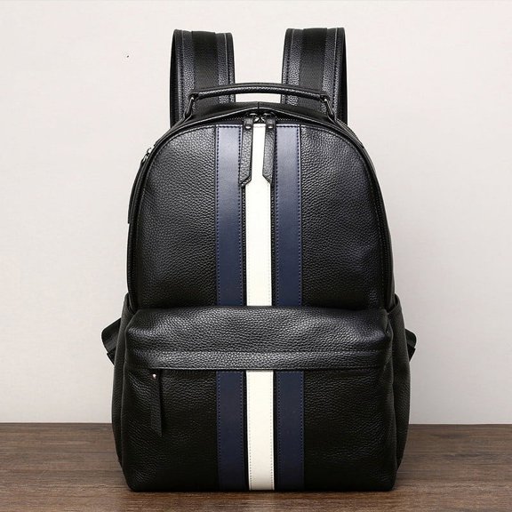 Color Contrast Casual Men's Travel Leather Backpack,Black