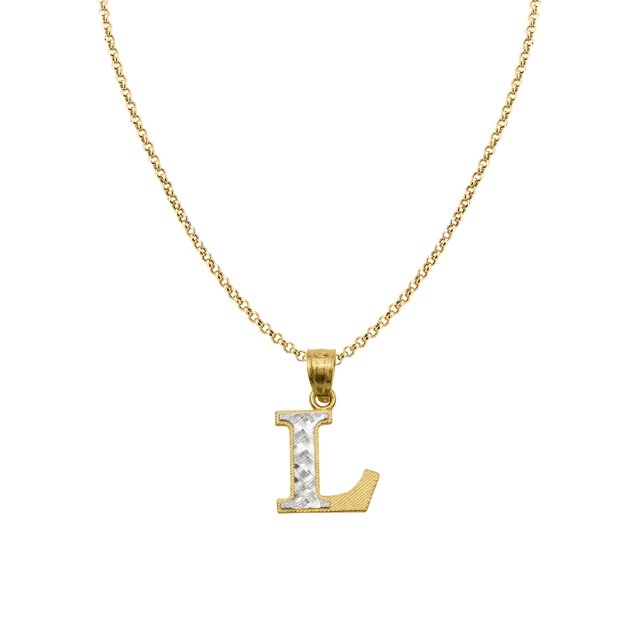 14k Two-tone Gold Diamond-cut Initial Letter 'L' Pendant with 1.2mm Rolo chain