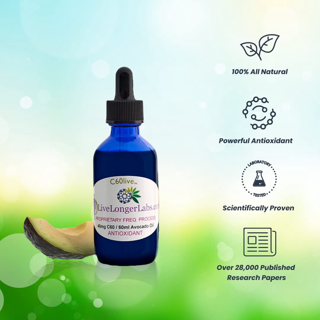 C60live - Carbon 60 (Fullerene) Avocado Oil - Antioxidant Supplement - For Longevity & Overall Health - All Natural & Organic - C60 - Extra Virgin Avocado Oil - 2oz Dropper