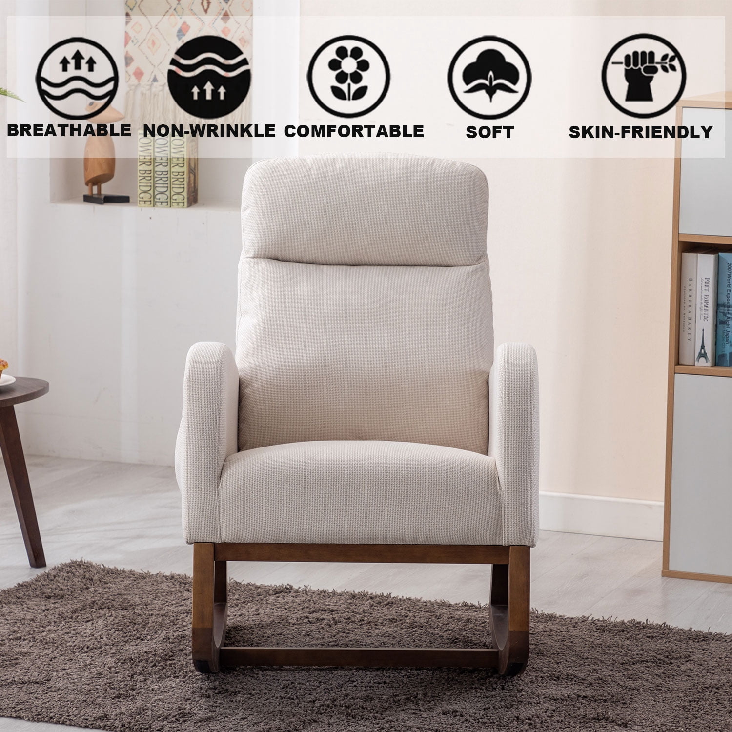 Modern Rocking Chair, Upholstered Nursery Glider Rocker Chair for Baby, Comfy Armchair with Side Pocket, Living Room Lounge Arm Chair, High Backrest with Headrest Shape Design(Light Beige)