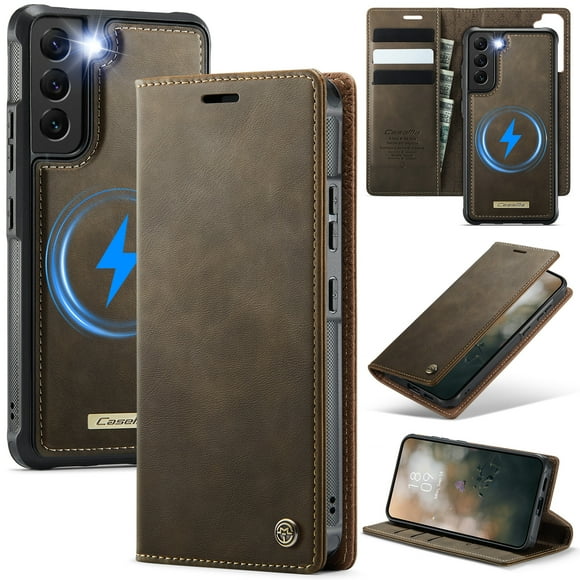 CaseMe Wallet Case for Samsung Galaxy S22 Compatible with Magsafe, 2-in-1 PU Leather【RFID Blocking】Flip Card Holder Stand Shockproof Magnetic Detachable Cover for Samsung Galaxy S22 6.1",Coffee