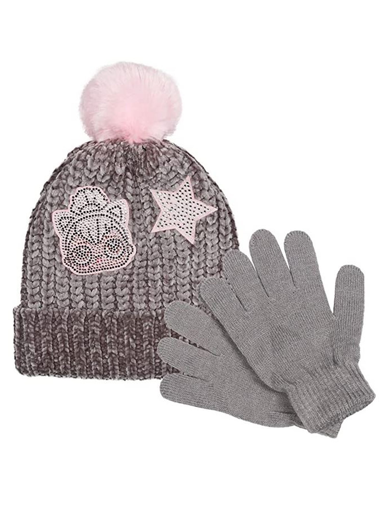 Girls LOL Surprise Kitty Queen 2-Piece Set Chenille Knit Beanie Hat Gloves Gray