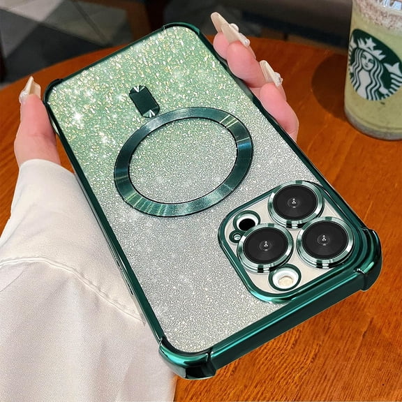 for iPhone 13 Pro Max Case Compatible with MagSafe, [Shockproof Edge Protection   Camera Lens Protector], Magnetic Glitter Clear case for iPhone 13 Pro Max Phone Case for Women/Men(Green)